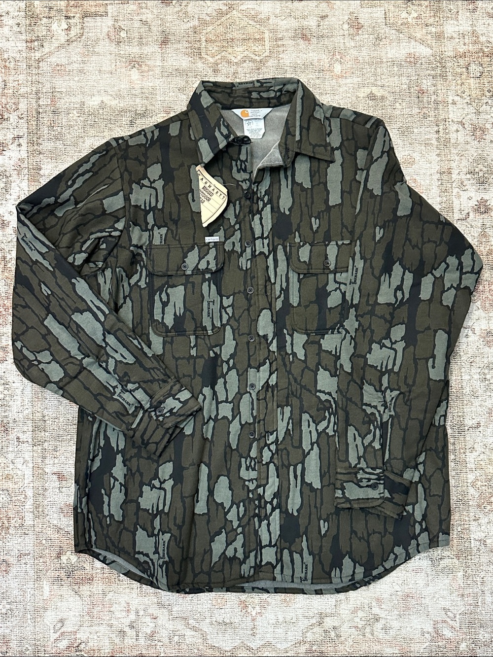 Men’s NWTs Vintage 80s 90s Carhartt Camo Trebark Button Up Flannel - Picture 1 of 6